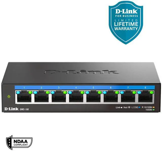 D-Link 8-Port 2.5Gb Unmanaged Gaming Switch with 8 x 2.5G - Multi-Gig Network Fanless Plug & Play - (DMS-108)