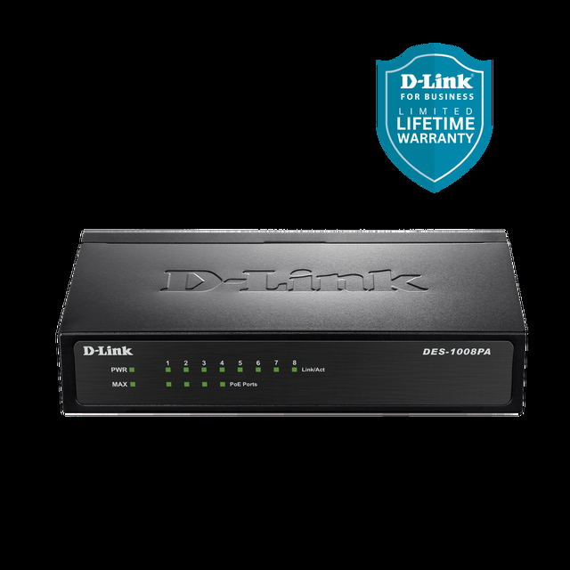 D-Link 8-Port Fast Ethernet PoE Unmanaged/ Plug And Play Switch 4 PoE Ports 58W PoE Budget Metal Compact Desktop Switch - (DES-1008PA)