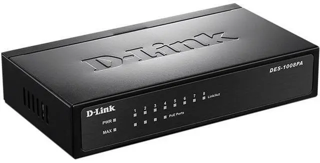 D-Link 8-Port Fast Ethernet PoE Unmanaged/ Plug and Play Switch 4 PoE Ports 58W PoE Budget Metal Compact Desktop Switch - (DES-1008PA)