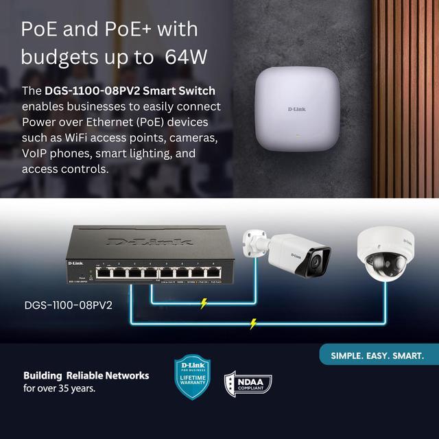 D-Link 8-Port Gigabit Smart Managed PoE+ Switch 8 PoE+ Ports (64W) Compact Metal Desktop NDAA Compliant - (DGS-1100-08PV2)