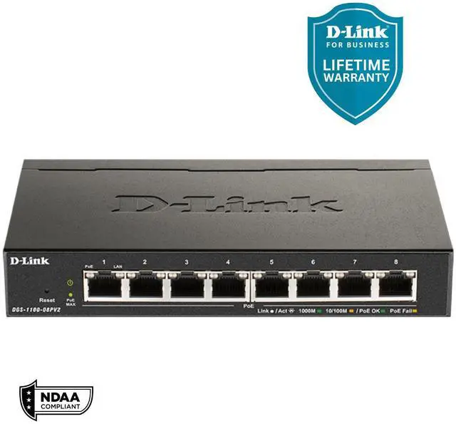D-Link 8-Port Gigabit Smart Managed PoE+ Switch 8 PoE+ Ports (64W) Compact Metal Desktop NDAA Compliant - (DGS-1100-08PV2)