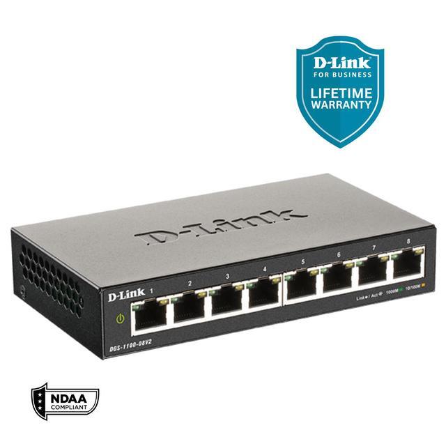 D-Link 8-Port Gigabit Smart Managed Switch Web Managed Cable Diagnostics Fanless Compact Metal Desktop NDAA Compliant - (DGS-1100-08V2)