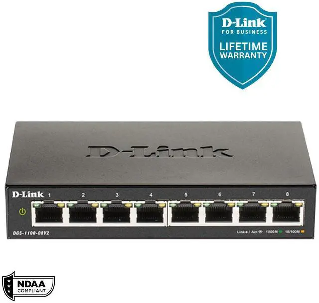 D-Link 8-Port Gigabit Smart Managed Switch Web Managed Cable Diagnostics Fanless Compact Metal Desktop NDAA Compliant - (DGS-1100-08V2)