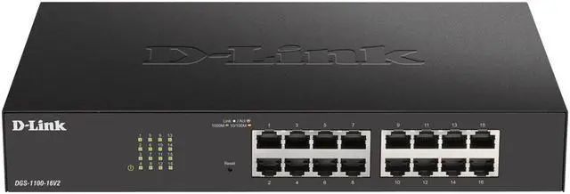 D-Link Ethernet Switch 16 Port Easy Smart Managed Gigabit Network Internet Desktop or Rack Mountable (DGS-1100-16V2) Black
