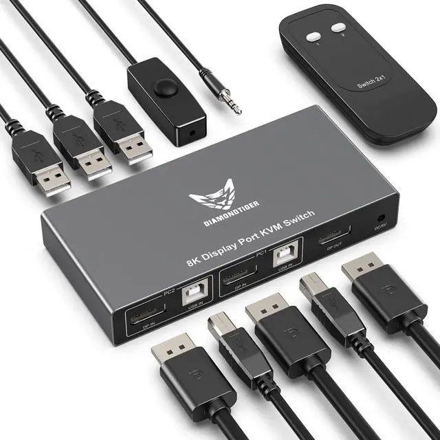 DiamondTiger KVM Switch Displayport - EDID 8K 60Hz 4K 144Hz DP 1.4 Display Port KVM Switch 2 Port for 2 Computers to Share 1 Monitor and 3 USB Devices Keyboard Mouse Printer