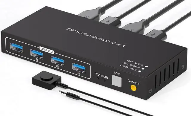 Display Port KVM Switch 8K 60Hz 4K 144Hz DP KVM Switch 1 Monitor 2 Computers Share 4 USB3.0 Keyboard Mouse Printer for Esports Gaming 3D Graphics Video Wired Controller & USB Cable