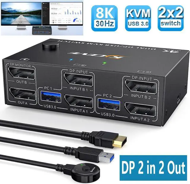 DisplayPort 1.4 KVM Switch Dual Monitor 2 in 2 Out 8K 30Hz 4K 144Hz DP1.4 USB KVM Switch and 4 USB 3.0 for 2 Computers Backnward Compatible DP1.2 with DP+USB Cables and Wired Controller