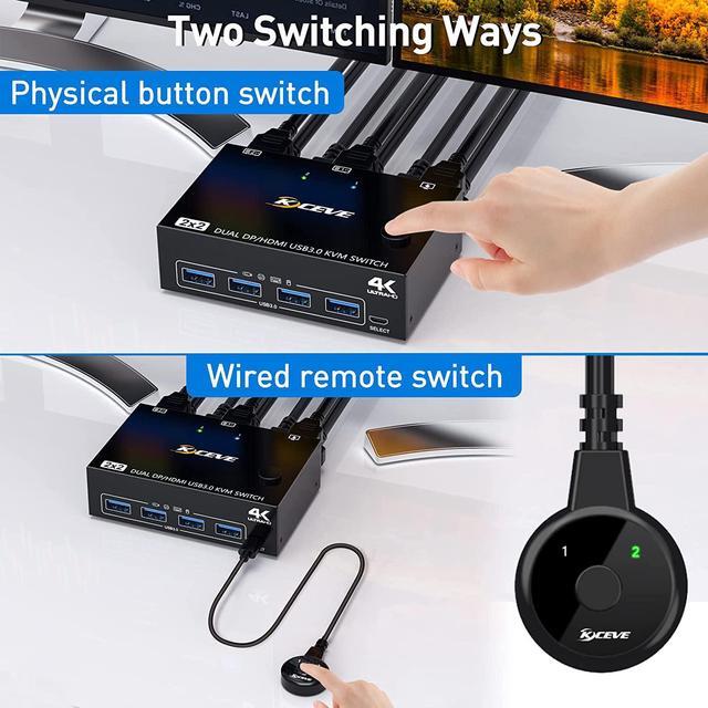 DisplayPort + HDMI Dual Monitor KVM Switch 4K 60Hz 2K 120Hz USB 3.0 HDMI DP Extended Display Switcher For 2 Computers Share 2 Monitors And 4 USB 3.0 Ports Wired Remote And 4 Cables Included