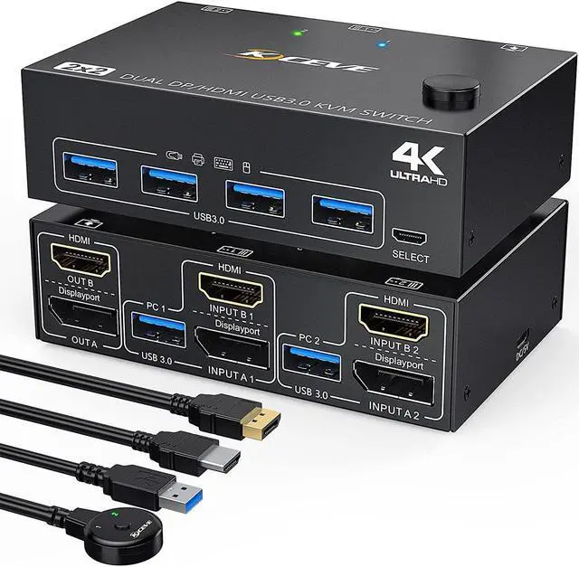 DisplayPort + HDMI Dual Monitor KVM Switch 4K 60Hz 2K 120Hz USB 3.0 HDMI DP Extended Display Switcher for 2 Computers Share 2 Monitors and 4 USB 3.0 Ports Wired Remote and 4 Cables Included