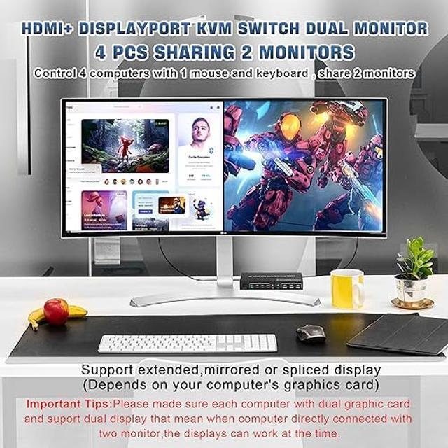 Displayport+HDMI Dual Monitor KVM Switch For 4 PCs 4K 60Hz KVM Switch 2 Monitors 4 Computers With Audio Microphone Output And 3 USB 2.0 Ports HDMI+DP Monitor Switch For 4 PCs 2 Monitors