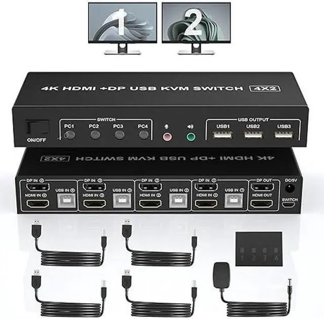 Displayport+HDMI Dual Monitor KVM Switch for 4 PCs 4K 60Hz KVM Switch 2 Monitors 4 Computers with Audio Microphone Output and 3 USB 2.0 Ports HDMI+DP Monitor Switch for 4 PCs 2 Monitors