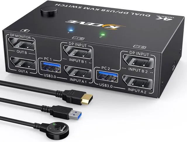 Displayport KVM Switch 2 Monitors 2 Computers 8K 30Hz 4K 144Hz Camgeet USB3.0 Dual Monitor KVM Switches Displayport 1.4 with 4 USB 3.0 Port for USB Device Wired Remote and 4 Cable Included