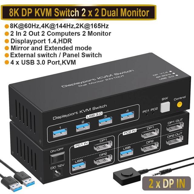 DisplayPort KVM Switch 2 Monitors 2 Computers 8K 60Hz Dual Monitor DP KVM Switch 2 Port For Extended & Duplicate Mode And USB3.0 Hub With Cable And Desktop Controller
