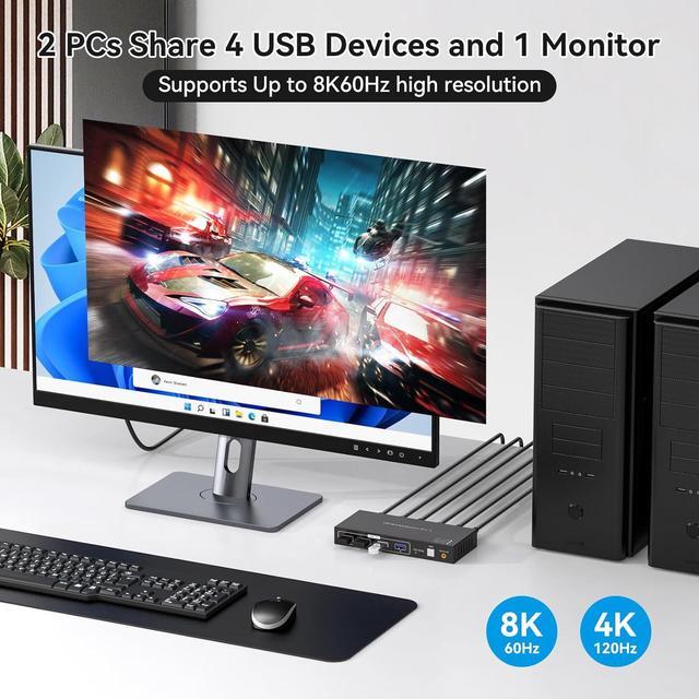 Displayport KVM Switch 2 PC 1 Monitor USB 3.0DP KVM Switcher 2 Port Two Computers To Share 4 USB Peripherals Support 8k 60hz 4k 120hz DP 1.4 Switches Includes Desktop Controller And Power Adapter