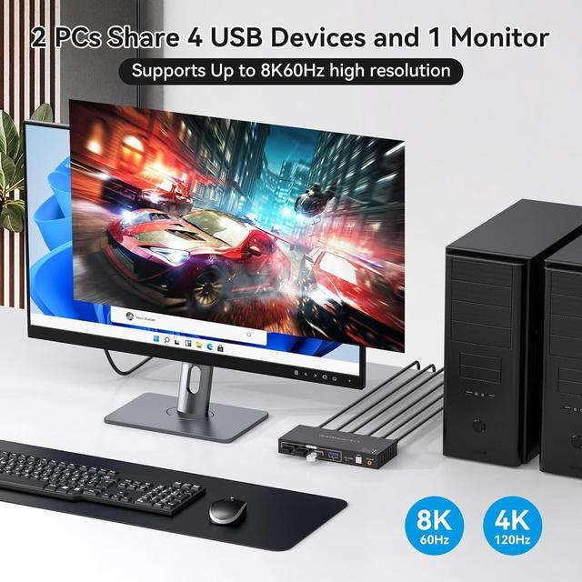 Displayport KVM Switch 2 PC 1 Monitor USB 3.0DP KVM Switcher 2 Port Two Computers To Share 4 USB Peripherals Support 8k 60hz 4k 120hz DP 1.4 Switches Includes Desktop Controller And Power Adapter