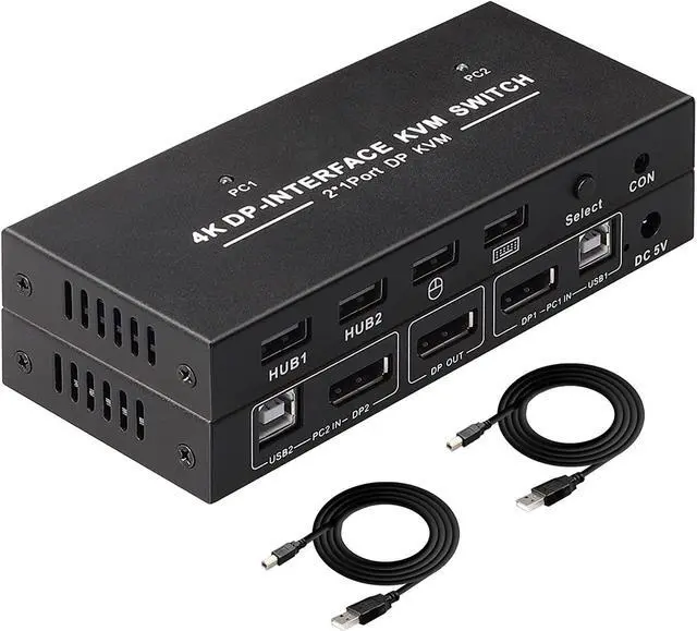 DisplayPort KVM Switch 2 Port 4K 60Hz 2 in 1 Out DP 1.2 and USB Switch for 2 Computers Share 1 Keyboard Mouse Monitor for Laptop PC Supports with 4 USB 2.0 Ports 2 USB KVM Cables 1.5m(5ft)