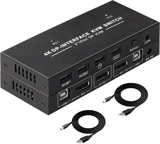 DisplayPort KVM Switch 2 Port 4K 60Hz 2 in 1 Out DP 1.2 and USB Switch for 2 Computers Share 1 Keyboard Mouse Monitor for Laptop PC Supports with 4 USB 2.0 Ports 2 USB KVM Cables 1.5m(5ft)