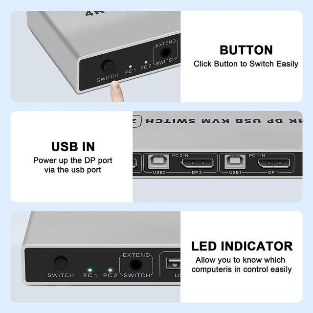 DisplayPort KVM Switch 2 Port 4K 60Hz USB And DP Switch For 2 Computers Share Keyboard Mouse Printer Monitor For Laptop PC Xbox HDTV