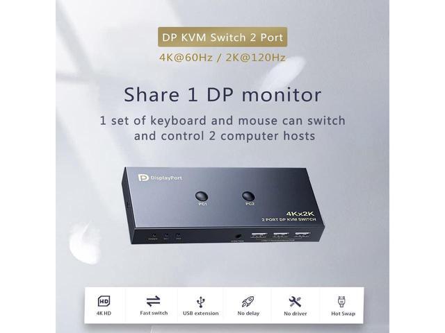 DisplayPort KVM Switch 2 Port KVM Switch DisplayPort For 2 Computers Sharing 1 Monitor And 3 USB Devices Support 4K 60Hz 2K(2560X1440) 120Hz With Extended Control Switch And 2 USB Cables