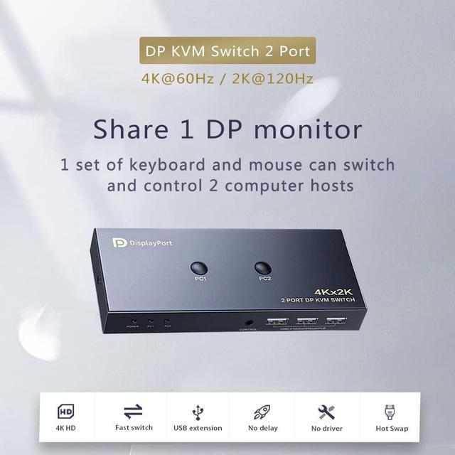 DisplayPort KVM Switch 2 Port KVM Switch DisplayPort For 2 Computers Sharing 1 Monitor And 3 USB Devices Support 4K 60Hz 2K(2560X1440) 120Hz With Extended Control Switch And 2 USB Cables