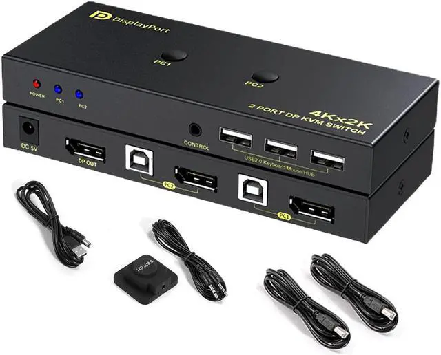 DisplayPort KVM Switch 2 Port KVM Switch DisplayPort for 2 Computers Sharing 1 Monitor and 3 USB Devices Support 4K 60Hz 2K(2560X1440) 120Hz with Extended Control Switch and 2 USB Cables