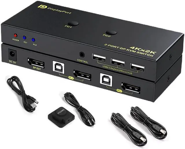 DisplayPort KVM Switch 2 Port KVM Switch DisplayPort for 2 Computers Sharing 1 Monitor and 3 USB Devices Support 4K 60Hz 2K(2560X1440) 120Hz with Extended Control Switch and 2 USB Cables