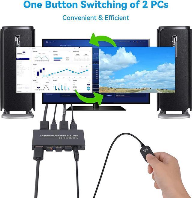 DisplayPort KVM Switch 2 Ports USB Switch Share Monitor Keyboard And Mouse For Laptop DP Display Port KVM Switcher Support 4K 60Hz With 2 DisplayPort Cables And 2 USB Cables