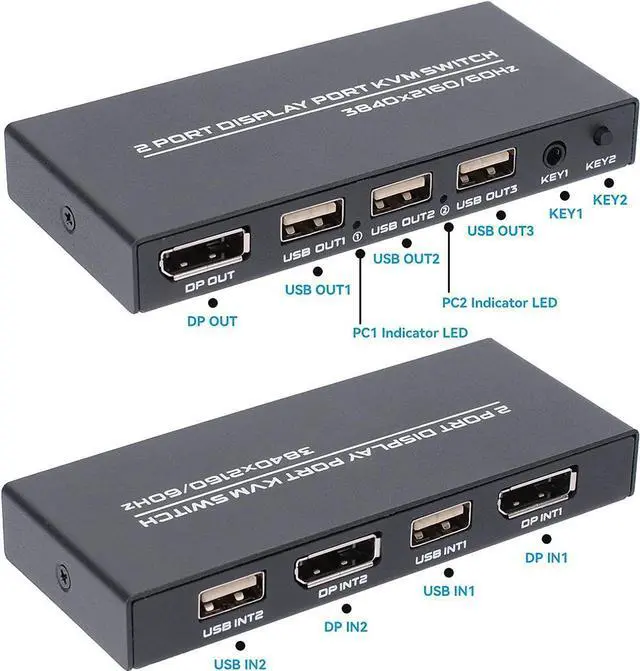 DisplayPort KVM Switch 2 Ports USB Switch Share Monitor Keyboard and Mouse for Laptop DP Display Port KVM Switcher Support 4K 60Hz with 2 DisplayPort Cables and 2 USB Cables