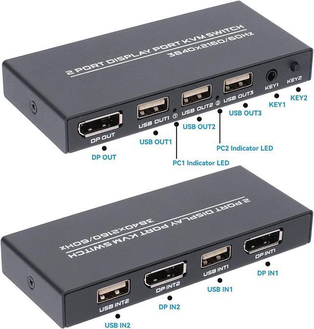 DisplayPort KVM Switch 2 Ports USB Switch Share Monitor Keyboard And Mouse For Laptop DP Display Port KVM Switcher Support 4K 60Hz With 2 DisplayPort Cables And 2 USB Cables