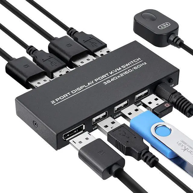 DisplayPort KVM Switch 2 Ports USB Switch Share Monitor Keyboard and Mouse for Laptop DP Display Port KVM Switcher Support 4K 60Hz with 2 DisplayPort Cables and 2 USB Cables
