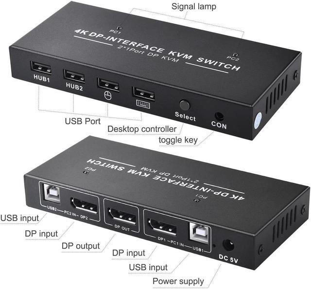 DisplayPort KVM Switch 2x1 4K 60Hz DP 2 In 1 Out USB KVM Switcher Displayport 1.2 Switch KVM DP Switch Support USB Mouse&Keyboad