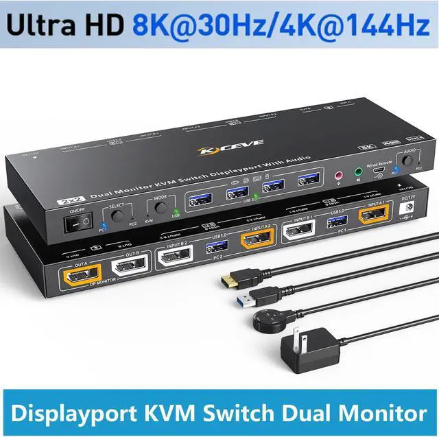 Displayport KVM Switch 2x2 Dual Monitor Displayport KVM Switch for 2 Computers 8K 30Hz/4K 144Hz Extend Display Support KVM Mode and USB Mode with Voice Control and Remote Control Include KVM Cables
