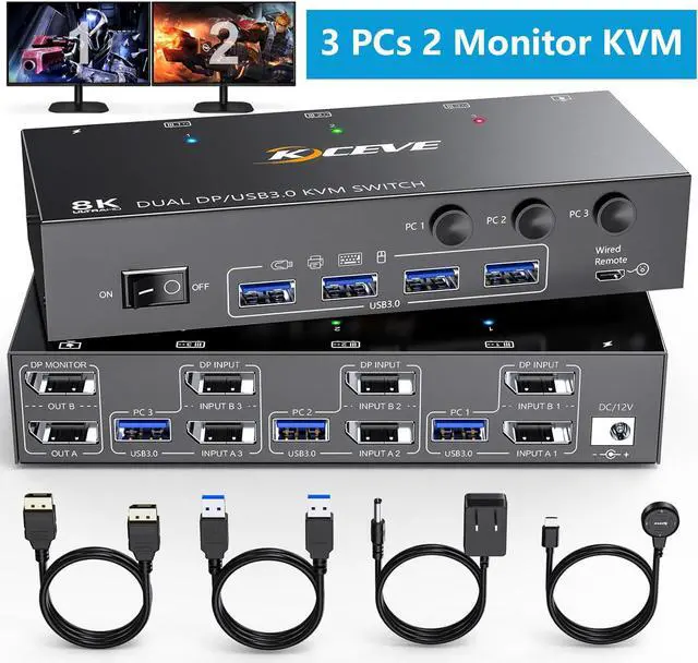 Displayport KVM Switch 3 Computer 2 Monitors Dual Monitors Displayport USB 3.0 KVM Switcher Supports 8K 30Hz 4K 60Hz for 3 DP Computers Share 2 DP Monitors Keyboard and Mouse with Wired Remote