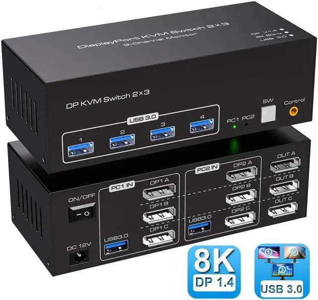 Displayport KVM Switch 3 Monitors 2 Computers 8K 60Hz Triple Monitor DP KVM Switch 3 Port for Extended & Duplicate Mode and USB3.0 Hub with Cable and Desktop Controller