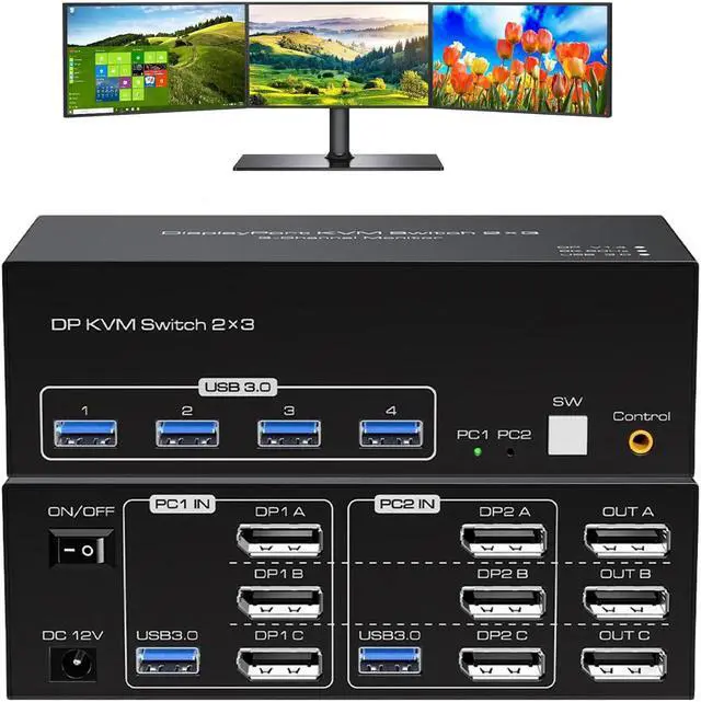 Displayport kvm Switch 3 Monitors 2 Computers 8K 60hz USB 3.0 DP kvm switches Triple Monitor for 2 PC Share 4 USB3.0 Devices with Desktop Controller USB Cables & DC 12V Adapter