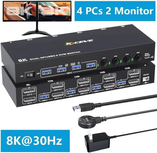 Displayport KVM Switch 4 Computers 2 Monitors 8K 30Hz 4K 144Hz Dual Monitor DP KVM Switch for 4 Computers Share 2 Monitor and 4 USB 3.0 Port Keyboard Mouse Wired Remote and USB Cables Included