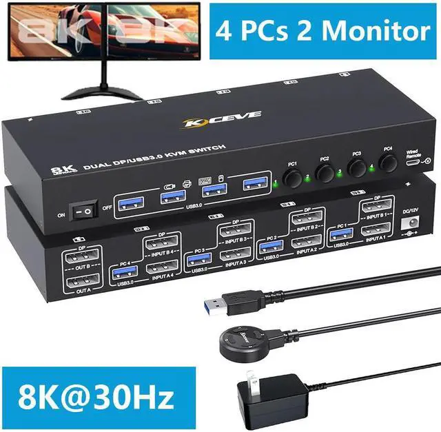 Displayport KVM Switch 4 Computers 2 Monitors 8K 30Hz 4K 144Hz Dual Monitor DP KVM Switch for 4 Computers Share 2 Monitor and 4 USB 3.0 Port Keyboard Mouse Wired Remote and USB Cables Included