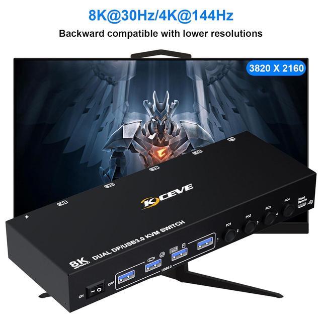 DisplayPort KVM Switch 4 PC 2 Monitors 8K 30Hz 4K 144Hz Dual Monitor DP1.4 Displayport KVM Switch DP Monitor Switch With 4 USB 3.0 Ports For 4 PC/Laptops With DP+USB Cable And Desktop Controller