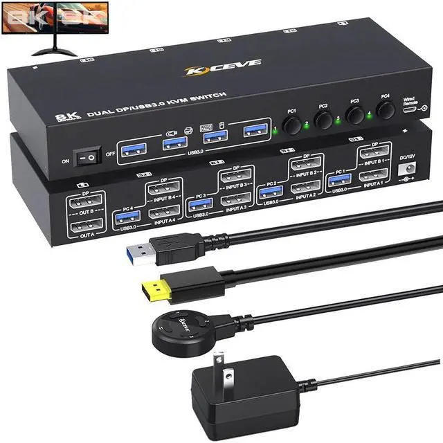 DisplayPort KVM Switch 4 PC 2 Monitors 8K 30Hz 4K 144Hz Dual Monitor DP1.4 Displayport KVM Switch DP Monitor Switch with 4 USB 3.0 Ports for 4 PC/Laptops with DP+USB Cable and Desktop Controller