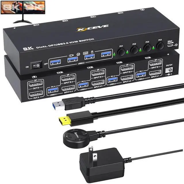DisplayPort KVM Switch 4 PC 2 Monitors 8K 30Hz 4K 144Hz Dual Monitor DP1.4 Displayport KVM Switch DP Monitor Switch with 4 USB 3.0 Ports for 4 PC/Laptops with DP+USB Cable and Desktop Controller