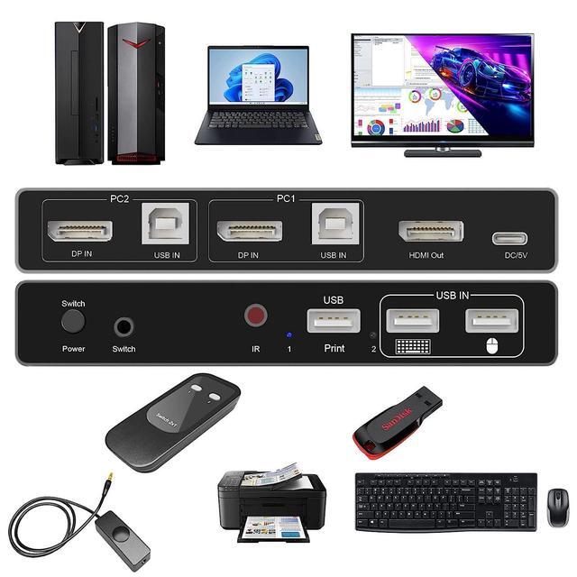 Displayport KVM Switch - 8K 60Hz 4K 144Hz 2 Port DP1.4 KVM Switch 2 DisplayPort In 1 HDMI Out KVM Switch For 2 Computers Share 3 USB 2.0 Keyboard Mouse Printer For Esports Gaming 3D Graphics Video