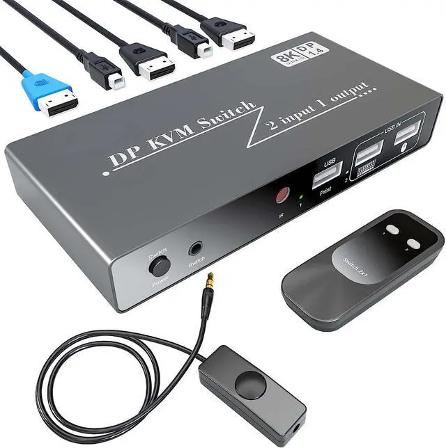 Displayport KVM Switch - 8K 60Hz 4K 144Hz 2 Port DP1.4 KVM Switch 2 DisplayPort in 1 HDMI Out KVM Switch for 2 Computers Share 3 USB 2.0 Keyboard Mouse Printer for Esports Gaming 3D Graphics Video