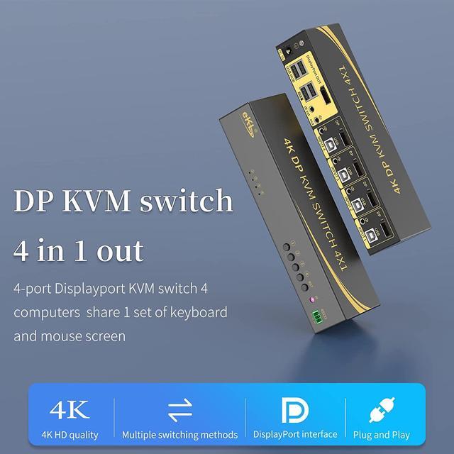 Displayport KVM Switch Displayport 4 Port DP 1.2 4x1 Supports 4K 60Hz 4:4:4 Hotkey Switching Keyboard Mouse Audio With USB 2.0 Control Up To 4 PCs