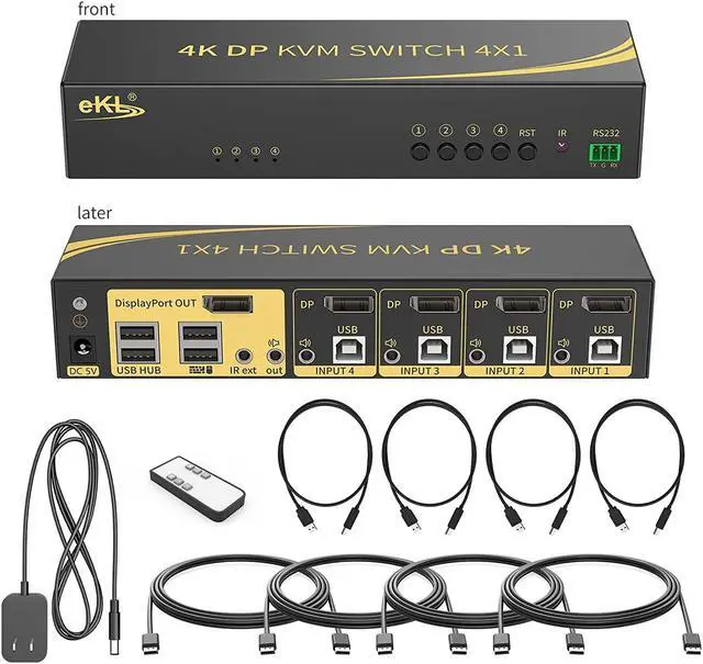 Displayport KVM Switch Displayport 4 Port DP 1.2 4x1 Supports 4K 60Hz 4:4:4 hotkey Switching Keyboard Mouse Audio with USB 2.0 Control up to 4 PCs