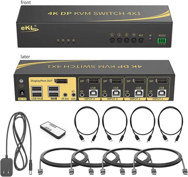 Displayport KVM Switch Displayport 4 Port DP 1.2 4x1 Supports 4K 60Hz 4:4:4 hotkey Switching Keyboard Mouse Audio with USB 2.0 Control up to 4 PCs