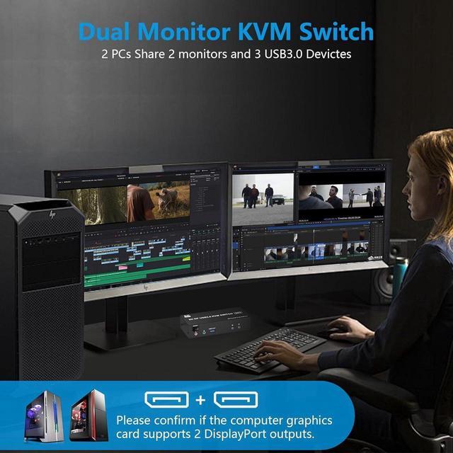 Displayport KVM Switch Dual Monitor 8K 60Hz/4K 144Hz DP 1.4 USB 3.0 KVM Switcher For 2 Computers Share 2 Monitors And 3 USB Devices With Audio Microphone Support Extended & Mirror Mode