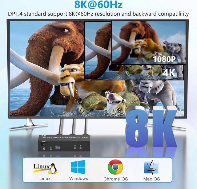 Displayport KVM Switch Dual Monitor 8K 60Hz/4K 144Hz DP 1.4 USB 3.0 KVM Switcher For 2 Computers Share 2 Monitors And 3 USB Devices With Audio Microphone Support Extended & Mirror Mode