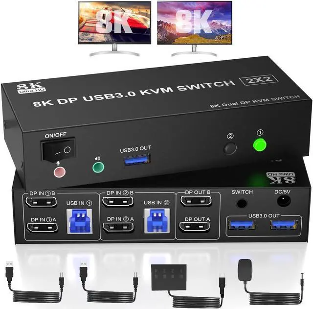 Displayport KVM Switch Dual Monitor 8K 60Hz/4K 144Hz DP 1.4 USB 3.0 KVM Switcher for 2 Computers Share 2 Monitors and 3 USB Devices with Audio Microphone Support Extended & Mirror Mode