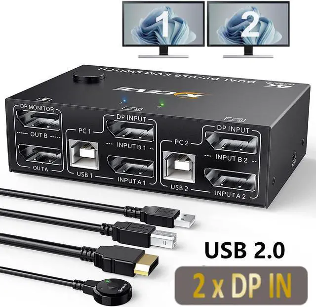 Displayport KVM Switch Dual Monitor DisplayPort 1.4 USB KVM 8K 30Hz 2 in 2 Out DP Extended Display KVM Switch for 2 Computers Share 2 Monitors and 4x USB 2.0 Ports with Wired Remote and 4 Cables