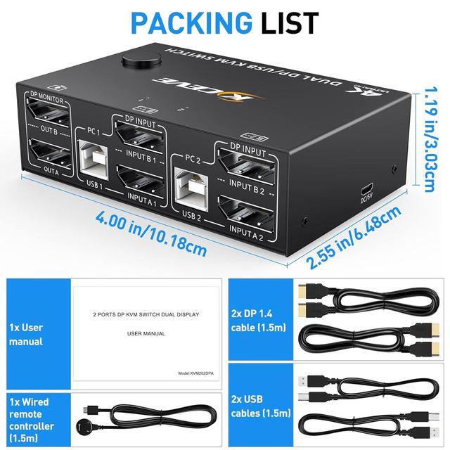 Displayport KVM Switch Dual Monitor DisplayPort1.4 KVM 8K 30Hz 4K 144Hz 2 In 2 Out DP Extended Display KVM Switch For 2 Computers Share 2 Monitors And 4 USB 2.0 Ports Wired Remote And 4 Cables